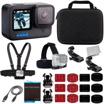 GoPro HERO10 (Hero 10) Black with Starter Accessory Bundle: 1x Replacement Batteries Water Resistant Action Camera Case Chest & Head Straps with Action Camera Mount & Much More